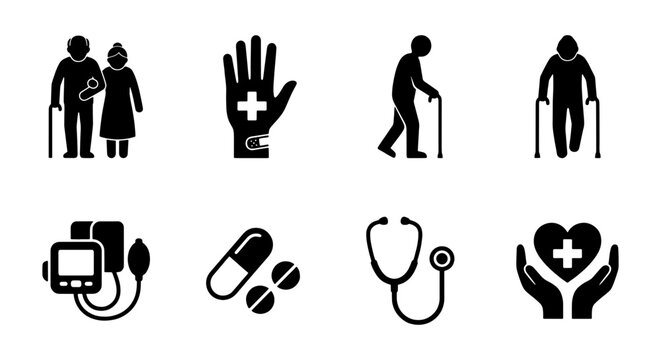 Elderly care and medical icons set, 8 black vector silhouettes for geriatric health, senior patient assistance and nursing home services