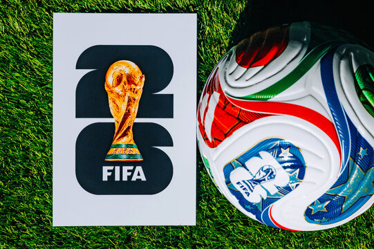 Official Match Ball of FIFA World Cup 2026 on the Pitch with Tournament Logo in USA, Canada and Mexico