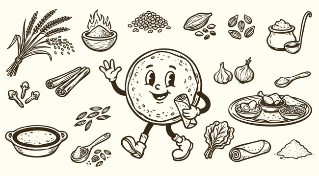 Vintage 1930s Style Injera Mascot and Ethiopian Platter Ingredients Doodle Set