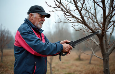 Naklejka premium Elderly man with grey beard saws tree branch in garden. He wears cap and jacket. Autumn work outdoors. Rural scene. Healthy senior person active lifestyle. Fruit tree care.
