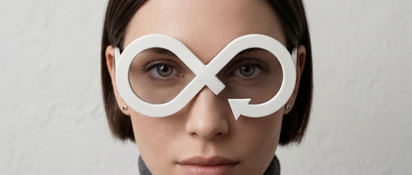 Woman and circular economy symbol eyewear: sustainable future vision business concept