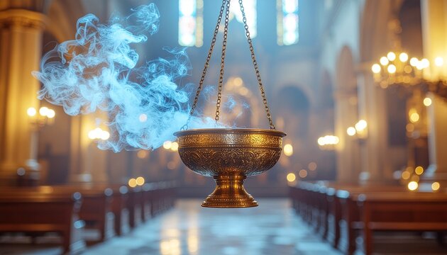 Encensoir de C&eacute;r&eacute;monie en Bronze avec de la Fum&eacute;e dans une &Eacute;glise Cath&eacute;drale