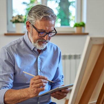 Artiste Peintre Senior Utilisant une Tablette Num&eacute;rique pour Dessiner sur une Toile