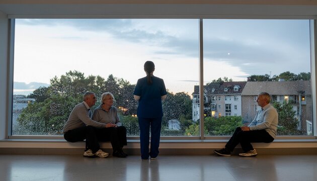 Infirmi&egrave;re Discutant avec des Patients &Acirc;g&eacute;s Devant une Grande Fen&ecirc;tre d'H&ocirc;pital