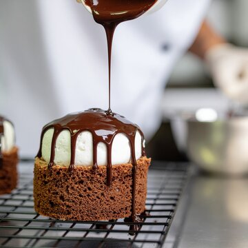 Chef P&acirc;tissier Versant du Chocolat Noir Fondu sur un Dessert Individuel