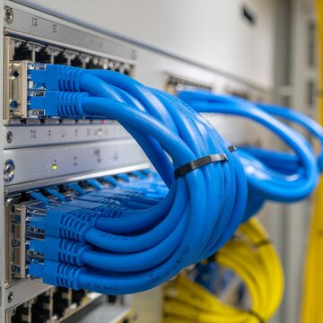 Gros Plan sur des C&acirc;bles R&eacute;seau Bleus Branch&eacute;s dans un Switch de Centre de Donn&eacute;es