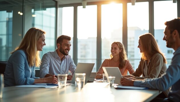 Five professionals sit around table in bright office. They smile and talk while working on laptops. Sun shines through large windows creating a warm atmosphere. People collaborate during a meeting.