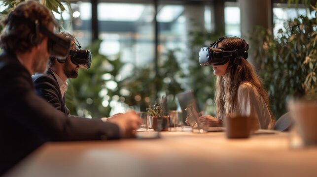 People engaged in virtual reality experience in modern space with plants around them