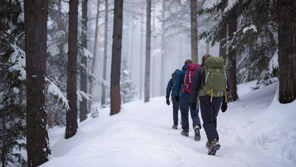 Group of hikers with backpacks walking through snowy forest and mountains in winter, trekking, outdoor adventure, nature travel 