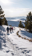 Fototapeta premium Group of hikers with backpacks walking through snowy forest and mountains in winter, trekking, outdoor adventure, nature travel 