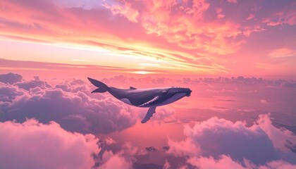 Fototapeta premium Whale gracefully floats through a dreamlike sky filled with soft pink clouds at sunset.