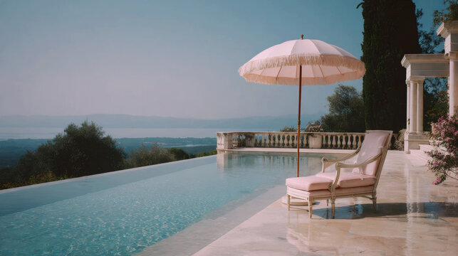 Elegant luxury poolside scene with lounge chair and parasol at a Mediterranean villa, serene summer travel destination with panoramic sea view