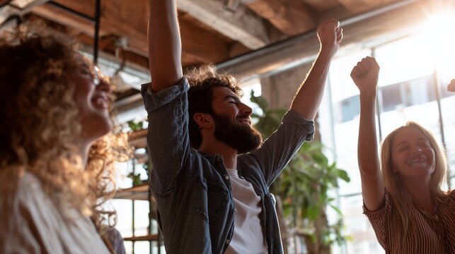 Group of people celebrating together in a bright indoor space with raised hands