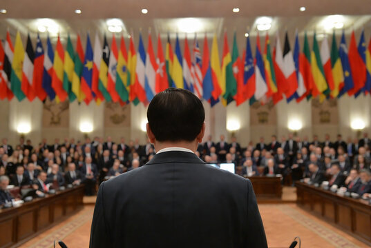 A man is facing away, looking at a large international conference with numerous flags displayed behind him.