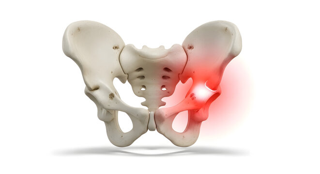 Human Pelvis Skeleton With Highlighted Hip Joint Pain Illustration Indicating Pelvic Injury

