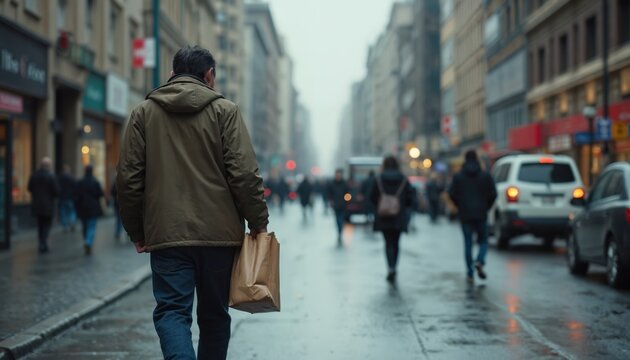 Man walks down wet city street holding shopping bag. Pedestrians and cars blur in background on overcast day. Urban commute or errand scene.
