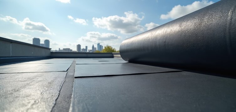 Flat roof with EPDM rubber membrane unrolled for waterproofing. City skyline visible in background under a cloudy sky. Construction work on building.