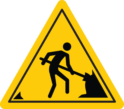 Warning sign for road construction pictogram of a worker digging with a shovel simple vector illustration for safety and information
