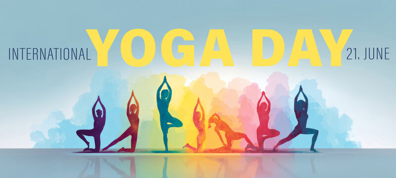 International Yoga Day Illustration with text, banner greeting card - Group of silhouette of women in different yoga posture