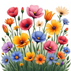 Fototapeta premium Assorted vibrant wildflowers bloom in a grassy field. Red, pink, orange, yellow, and blue petals reach skyward. Tall green stems support summer blossoms in a natural garden setting.