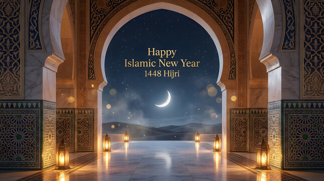 A beautiful Islamic New Year 1448 Hijri greeting card featuring a crescent moon and lanterns in an ornate archway.