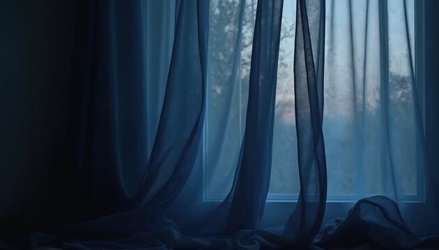 Dark blue sheer curtains hang gracefully by window. Soft fabric drapes creating elegant folds. Gentle light filters through gossamer material revealing subtle textures and ethereal mood.