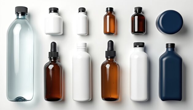 Assorted empty bottles various shapes sizes and colors arranged cleanly on white surface. Collection of containers for liquids storage packaging and display.