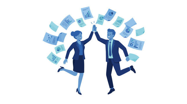 A business team celebrating with upward charts in the background. Full body illustration material of happy employees jumping to celebrate completed tasks and success.