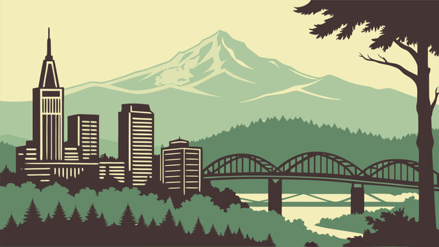 Portland OR cityscape silhouette with mountain background