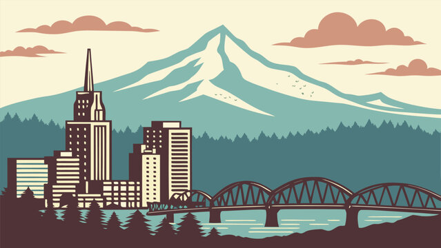 Portland Oregon city skyline with Mt Hood silhouette vector