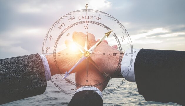 Concept de travail d'&eacute;quipe et de direction avec mains unies sous une boussole
