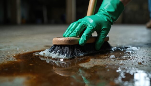 Hand in green glove scrubs oil spill on concrete floor with brush. Cleaning fluid foams, removing dirt stain. Workshop maintenance, garage floor care.