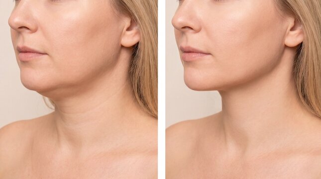 A woman shows the effects of a double chin reduction treatment on her neck and jawline.