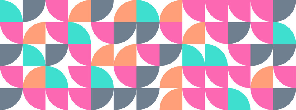 A seamless, abstract background featuring a tessellation of colorful geometric shapes, including quarter circles and squares, in a playful arrangement
