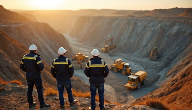 Men in hard hats view vast open pit mine operation with heavy excavators and trucks. Workers supervise ore extraction at sunrise, monitoring industry progress.