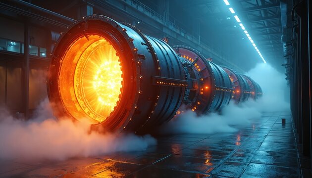 Massive industrial engine glows with fiery core. Intense heat generates steam and vapor. Futuristic factory machinery operates with raw power. Advanced technology in a dark facility.