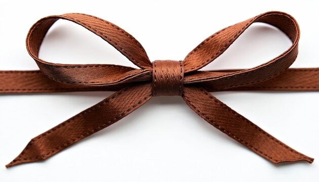 Brown satin ribbon forms a neat bow. The decorative loop is tied on a plain white background. This festive accent is perfect for gift wrapping and party invitations.