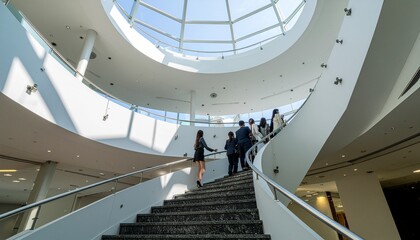Fototapeta premium Groupe de personnes montant un escalier en colimaçon sous une verrière lumineuse
