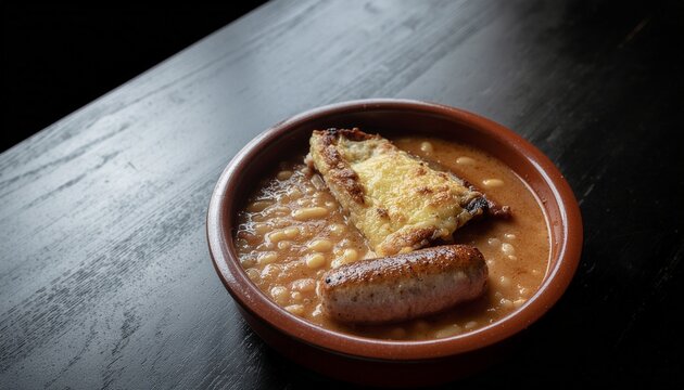 Plat traditionnel de haricots blancs &agrave; la tomate avec saucisse grill&eacute;e