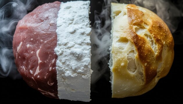 Concept culinaire opposant la viande crue, la farine et le pain cuit avec de la fum&eacute;e