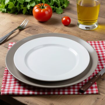 Assiette plate blanche vide sur une sous-assiette grise et une nappe &agrave; carreaux rouges