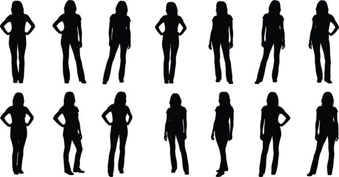 Women silhouette collection featuring standing female figures in various poses, elegant body shapes isolated on white background for design