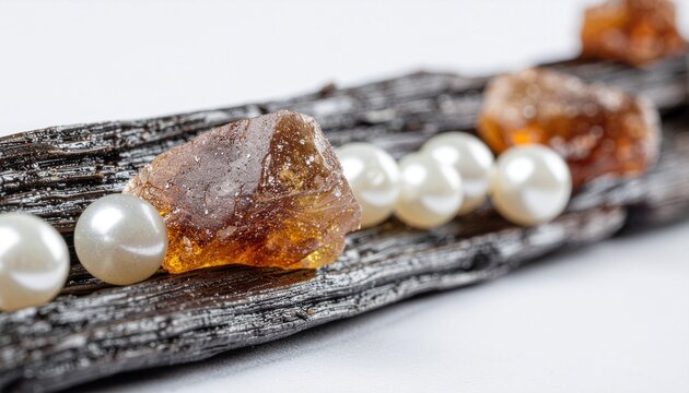 Morceaux de sucre roux, perles de culture et vanille sur une branche de bois br&ucirc;l&eacute;