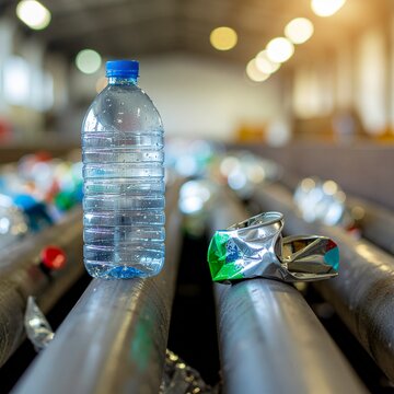 Bouteille d'eau en plastique pleine et canette d'aluminium &eacute;cras&eacute;e sur des rouleaux de tri industriel