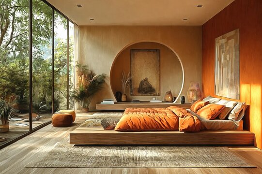 A Bauhaus-inspired bedroom with angular furniture vibrant accents and minimalist decor reflecting the movements emphasis on simplicity and innovation interior
