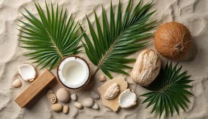 Poster Toilet Coconuts and palm leaves arranged on beach sand with smooth stones and wood. Natural tropical flat lay composition with organic texture and neutral tones for health and beauty concepts.  © miss irine