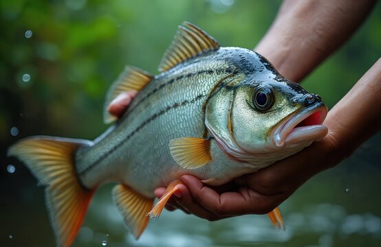 Fisherman holds large fresh tambaqui fish caught in Amazon river. Fish has detailed scales and orange fins. This freshwater catch is ready for cooking or display.