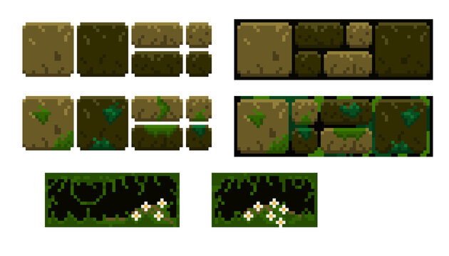 Pixel art dungeon wall tileset with cave, moss, vines, and flowers. Stone masonry and nature elements for 2D platformer games. Isolated 8-bit forest ruins, building blocks for retro game development.