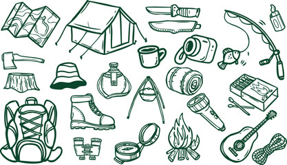 Fototapeta premium Hand drawn camping doodle set with tent, campfire, backpack, compass & hiking gear. Perfect for outdoor adventure, nature & wilderness branding and print.