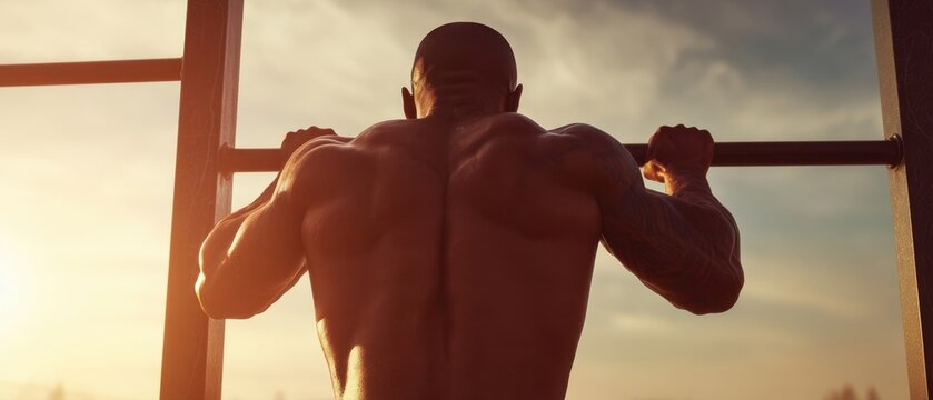 The muscular man doing pullups on an outdoor bar during golden hour sunset